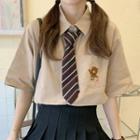 Set: Short-sleeve Bear Print Shirt + Striped Neck Tie