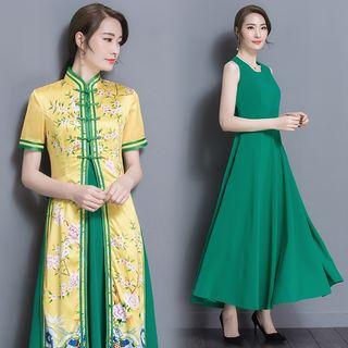 Set: Short-sleeve Printed Long Jacket + Sleeveless A-line Maxi Dress