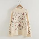 Flower Embroidered Long-sleeve Knit Top Beige - One Size