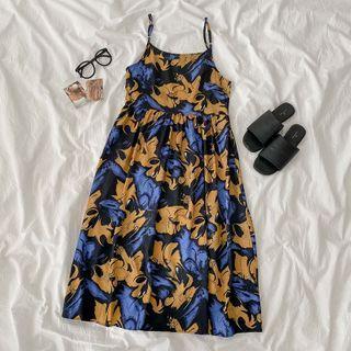 Spaghetti Strap Print Midi Dress Blue & Milk Brown - One Size