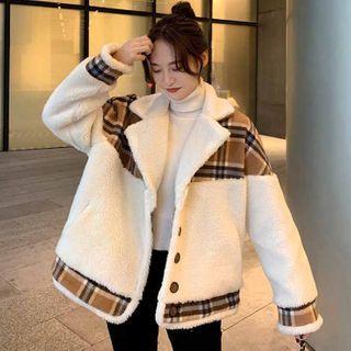 Oversize Faux Fleece Panel Plaid Cardigan