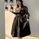 Puff-sleeve Mesh Blouse / Spaghetti Strap Midi A-line Dress