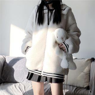 Striped Sailor Collar Fleece Jacket White - One Size