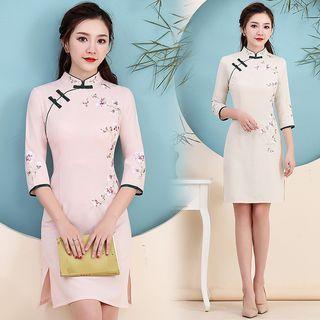 3/4-sleeve Flower Embroidered Mini Qipao Dress