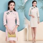 3/4-sleeve Flower Embroidered Mini Qipao Dress
