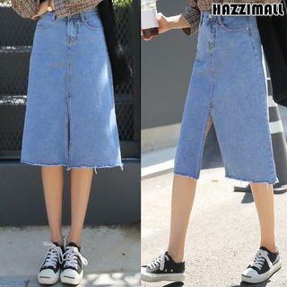 Slit-front Denim Midi A-line Skirt