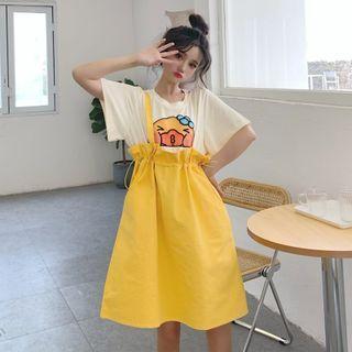 Mock Two-piece Cartoon Print Midi A-line Dress Yellow - One Size