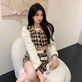 Plaid Button-up Cropped Top / High-waist Plaid Mini Skirt