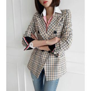 Contrast-trim Double-breasted Plaid Blazer