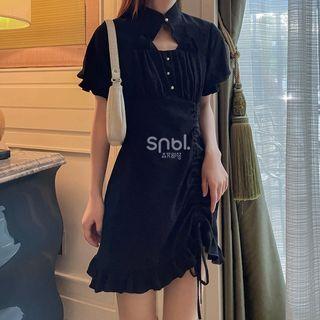 Puff-sleeve Cutout Ruffled Drawstring A-line Dress