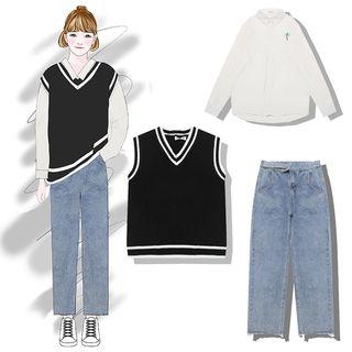 Knit Vest / Straight Cut Jeans / Embroidered Shirt