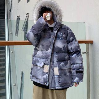 Faux Fur Trim Graphic Print Hooded Padded Zip Coat