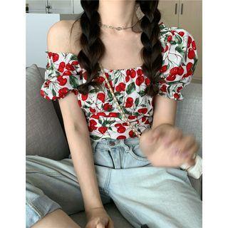 Short-sleeve Cherry Print Tie-back Top Red - One Size