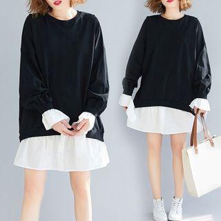 Plain Panel Long-sleeve Skirt Black & White - L