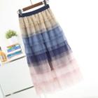 Color-block Layered Mesh Skirt Gradient Pink - One Size