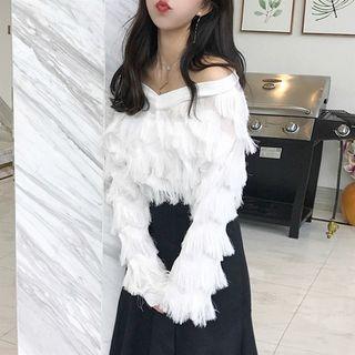Plain Fringed V-neck Long-sleeve Chiffon Top