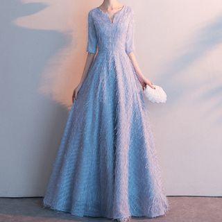Elbow-sleeve Split-neck Fluffy Maxi A-line Gown