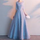 Elbow-sleeve Split-neck Fluffy Maxi A-line Gown