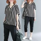 Set: Striped Short-sleeve V-neck T-shirt + Capri Sweatpants