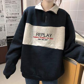 Polo-collar Letter Print Color-block Pullover