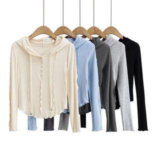 Long-sleeve Plain Half-button Cropped Hooded Top