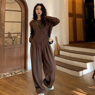 Set: Asymmetrical Cropped Sweatshirt + Wide Leg Pants