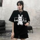 Short-sleeve Round Neck Rabbit Print T-shirt