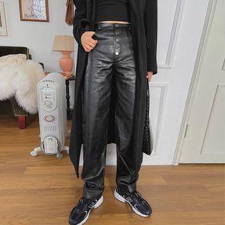 Button-fly Faux-leather Pants