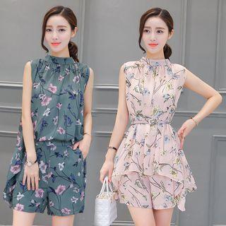 Set: Floral Print Band Collar Sleeveless Top + Shorts
