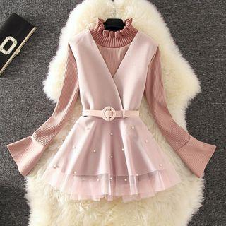 Set: Plain Long Sleeve Knit Top + Faux Pearl Vest