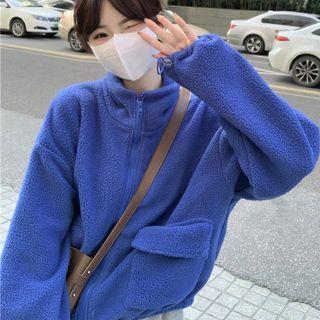 Plain Fleece Zip-up Jacket Blue - One Size