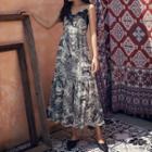 Spaghetti Strap Nature Print Lace Trim A-line Midi Dress