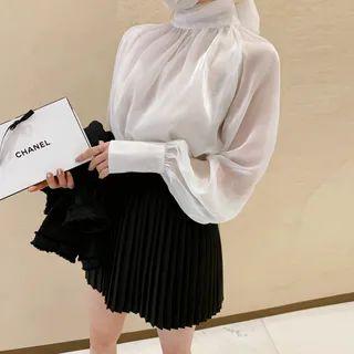 Mutton-sleeve Tie-back Sheer Top