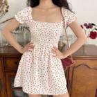 Puff-sleeve Square-neck Dotted Mini A-line Dress