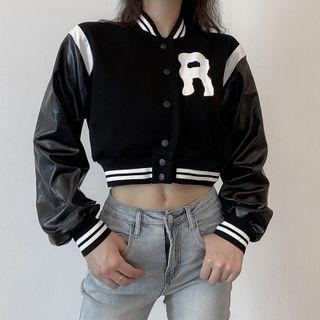 Lettering Print Long-sleeve Crop Baseball Jacket