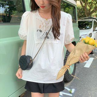 Set: Plain Puff Sleeve Top + Loose-fit Plain Shorts