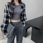 Round-neck Plain T-shirt / Long-sleeve Plaid Shirt / High-waist Straight Cut Pants