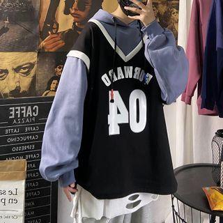 Mock Two Piece Color Block Letter Print Hoodie