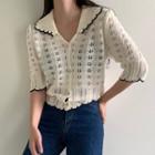 Short-sleeve Collared Pointelle Knit Cardigan Almond - One Size