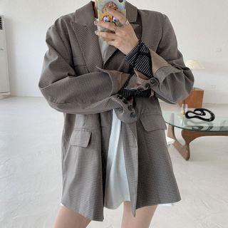 Double Breasted Blazer Plaid - Gray - One Size