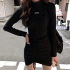 Long-sleeve Letter Embroidered Mini Sheath Dress Black - One Size