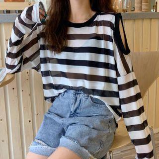 Patterned Cold-shoulder Long-sleeve T-shirt