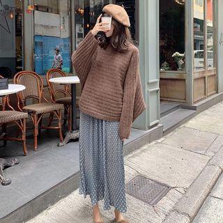 Turtleneck Ribbed Sweater/ Print Midi A-line Skirt