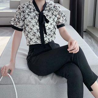 Set: Short-sleeve Print Top + Dress Pants
