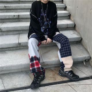 Plaid Panel Wide-leg Pants As Shown In Figure - One Size