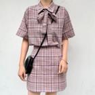 Set: Plaid Bow Accent Short-sleeve Blouse + Mini A-line Skirt