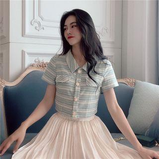 Striped Short-sleeve Crop Shirt Top - One Size