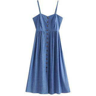 Button Strappy Midi A-line Dress