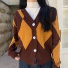 Two-tone Argyle Cardigan / Long-sleeve Mock-neck Top