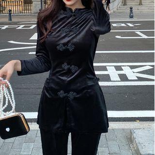 Set: Frog-button Blouse + Straight Leg Pants